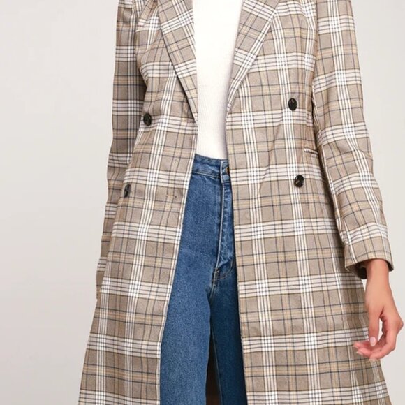 Lulus Manchester Moment Tan and White Plaid Coat - Picture 1 of 6